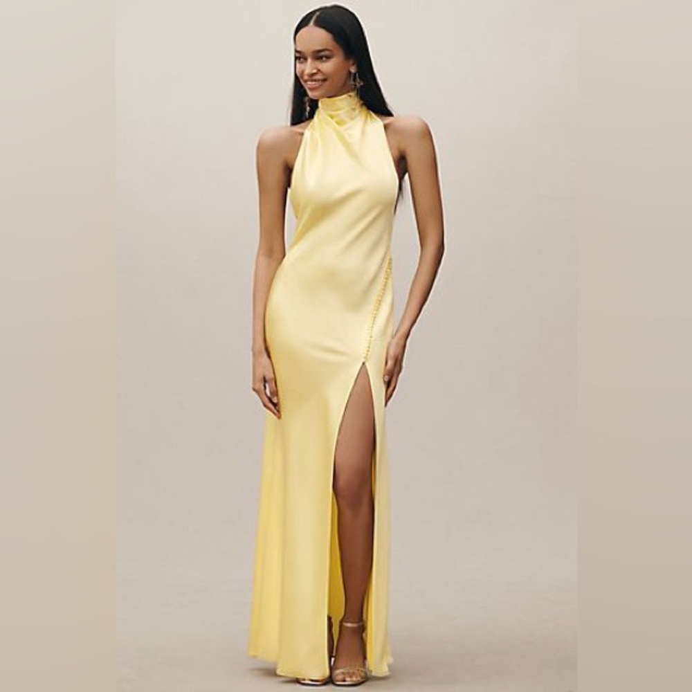 SAU LEE Penelope High-Neck Open-Back Satin Maxi Dress Yellow Halter Sz 6 595$ - Picture 3 of 16